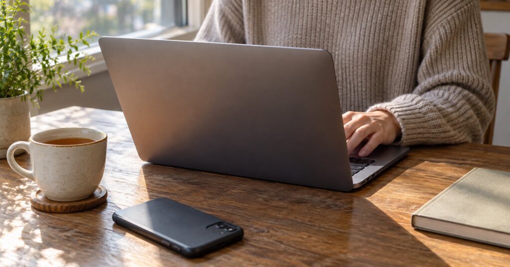 A person at a table by a window, with a laptop turned away, a face-down phone, and a cup.