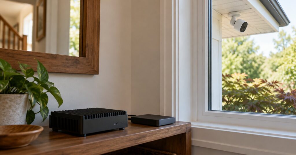 A home computer and drive on a shelf, with a camera under the eaves outside.