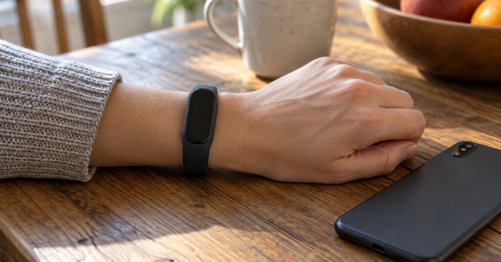 A plain fitness band on a wrist beside a face-down phone on a wooden table