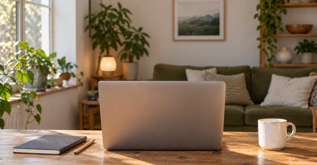 A laptop seen from behind on a desk, beside a closed notebook and a pencil.