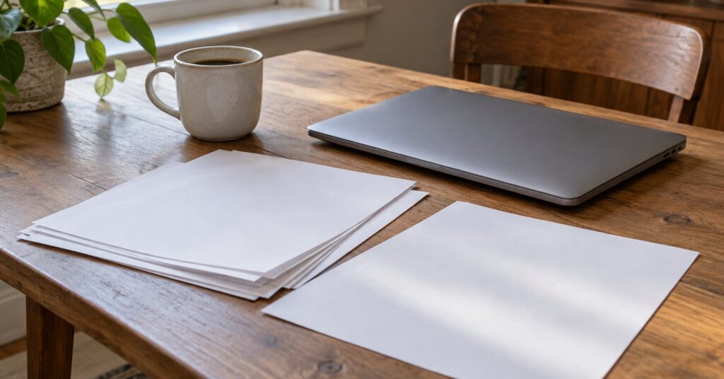 Face-down papers and a closed laptop on a wooden desk beside a mug