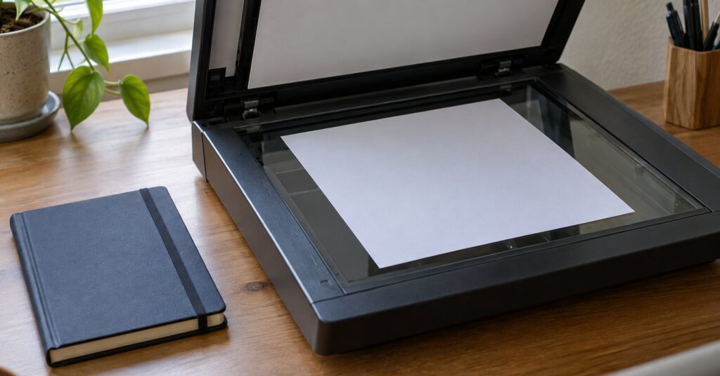 A paper page on a desktop scanner next to a closed notebook.