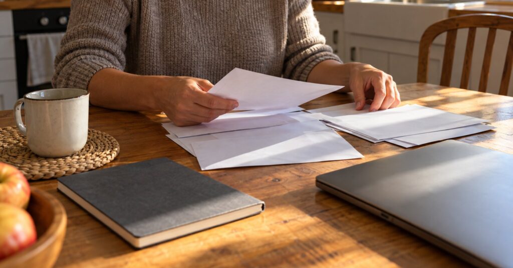 Person sorting household bills and a notebook beside a closed laptop.