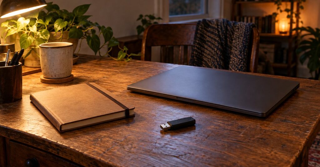 A USB stick and a closed notebook beside a shut laptop on a desk