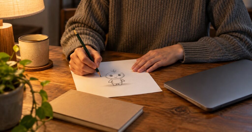 A person sketches a paper character beside a closed laptop at a table.