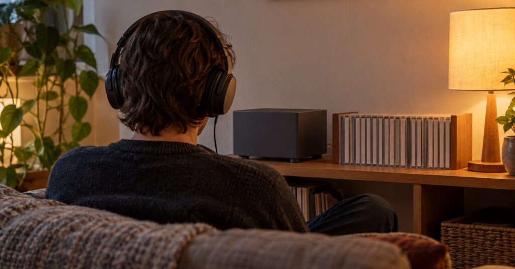 Person with headphones beside a home computer and a shelf of CD cases.