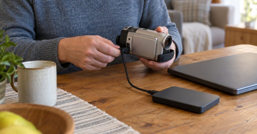 A person copies a home movie from a camera onto an external drive beside a closed laptop.