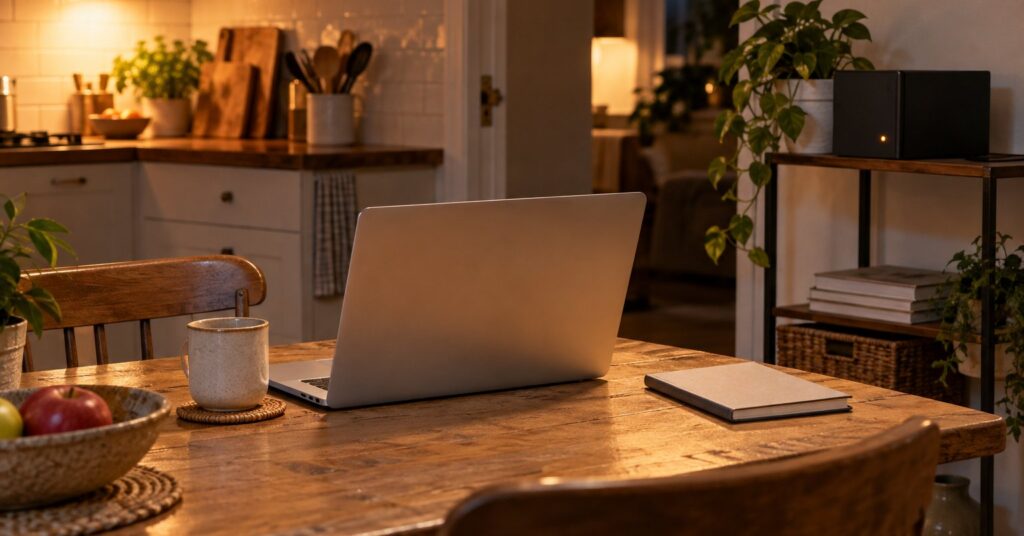 A kitchen table with an open laptop, a closed notebook, and a small home server on a shelf.