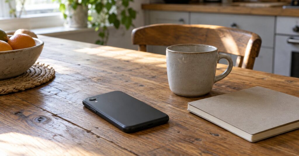 A phone face-down on a wooden table beside a mug and a closed notebook.