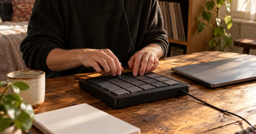 A person with headphones taps a small drum pad beside a closed laptop.