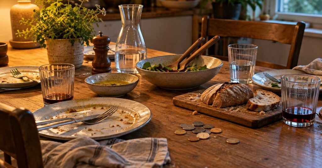 Kitchen table after a shared meal, with plates, glasses, and coins.