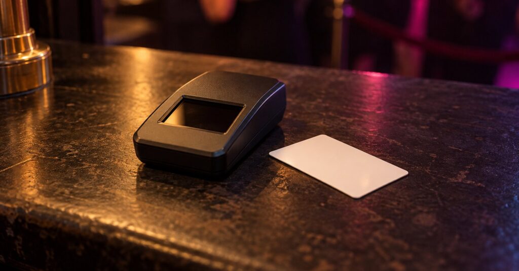 A handheld ID-card scanner and a blank card on a dark bar counter