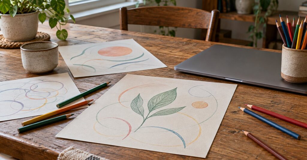 Coloured pencils and paper sketches of curves and shapes on a wooden table.
