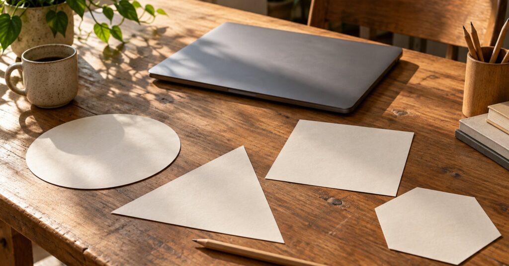 Closed laptop, pencil, and plain paper cutouts on a sunlit desk