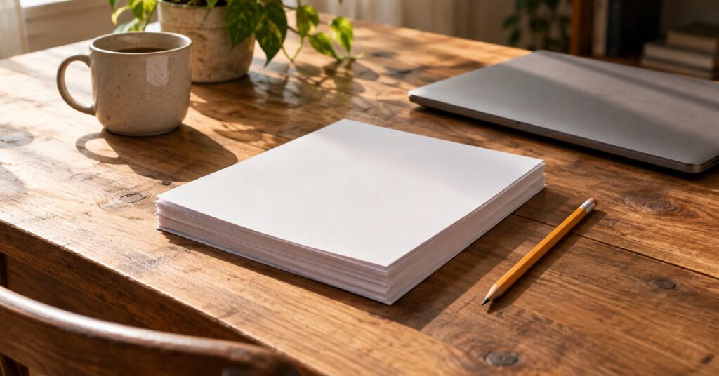 Printed journal pages, a pencil and a closed laptop on a wooden desk.