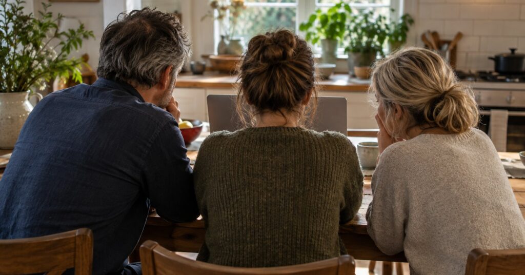 Adults at a kitchen table facing an open laptop during a video call.