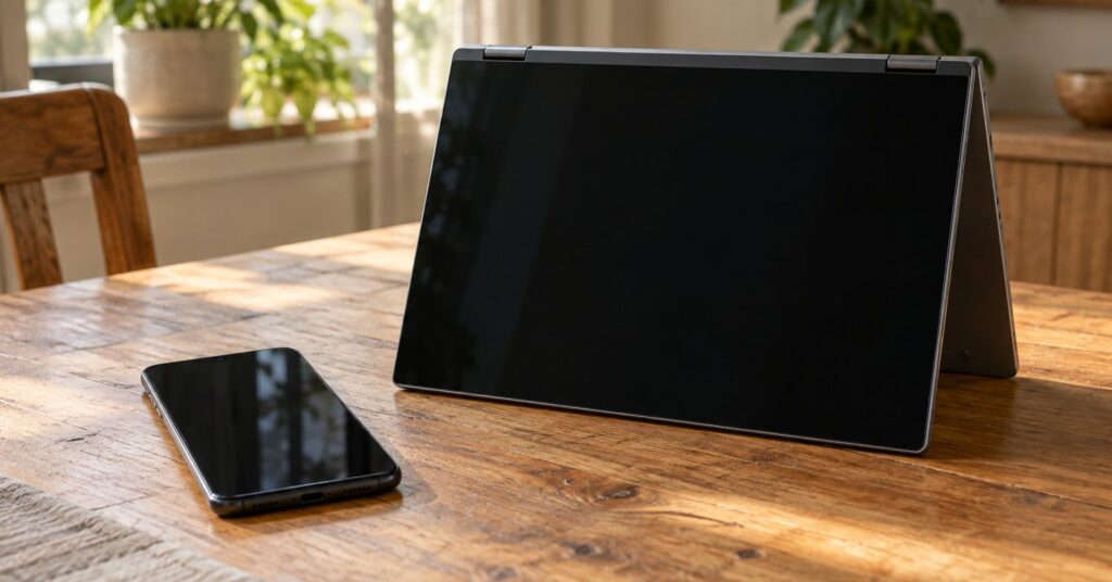 A phone beside a laptop on a wooden table, with no cable between them.