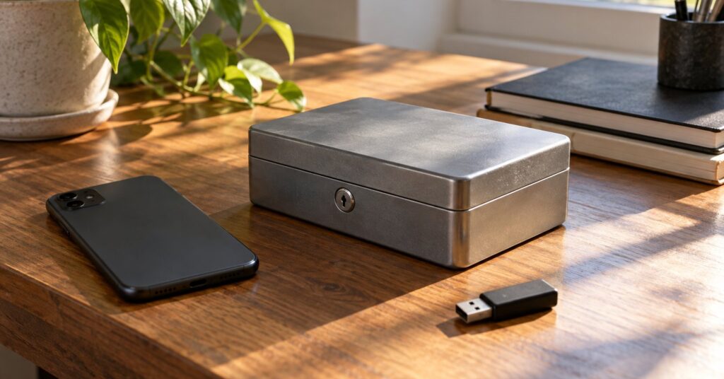 A phone face down beside a locked metal box and a plain USB drive on a desk.