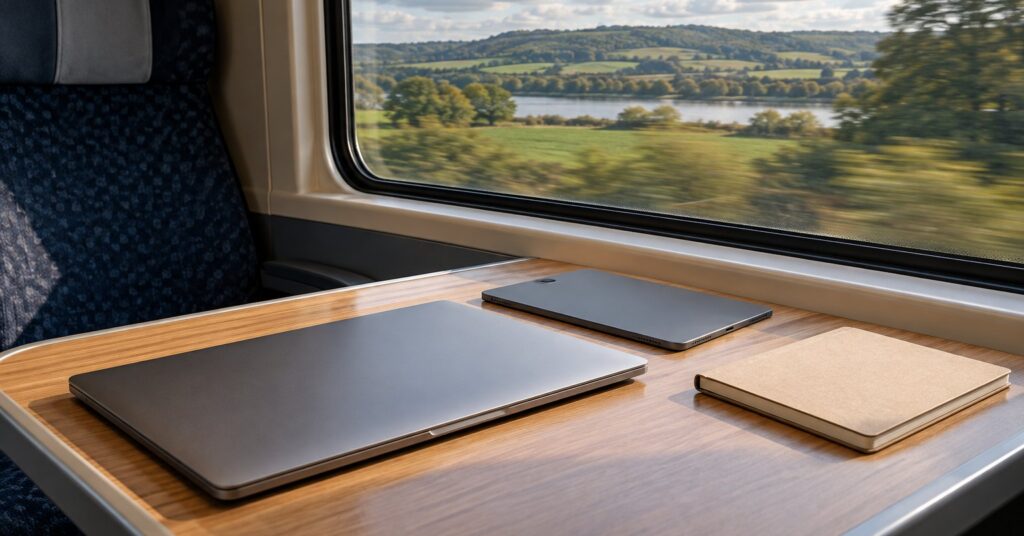 Train table with a closed laptop, a face-down tablet and a notebook