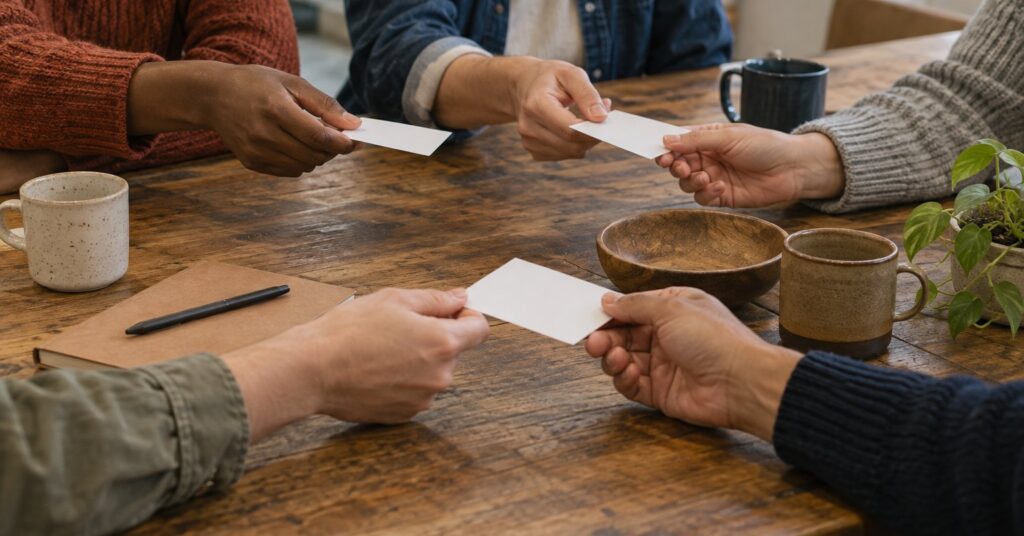 People exchanging blank cards around a wooden community table.