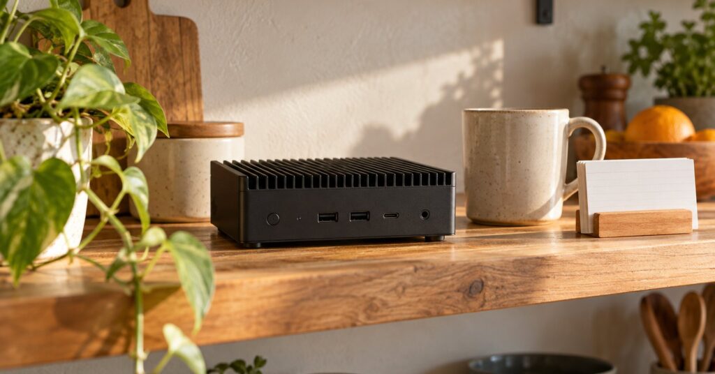 A small home computer and a stack of blank index cards on a shelf.