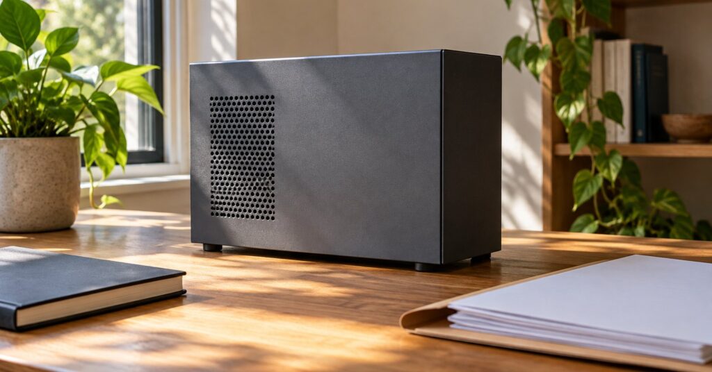 A small home computer and a folder of printed pages on a wooden desk.