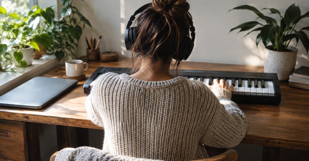 Headphones and a music keyboard on a desk beside a closed laptop.
