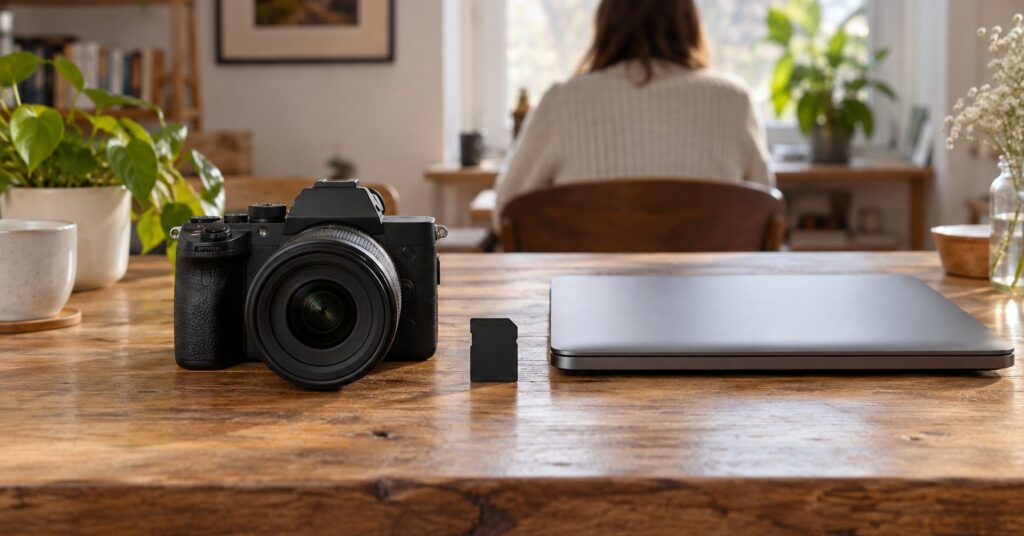 A camera and memory card beside a closed laptop on a sunlit home desk.