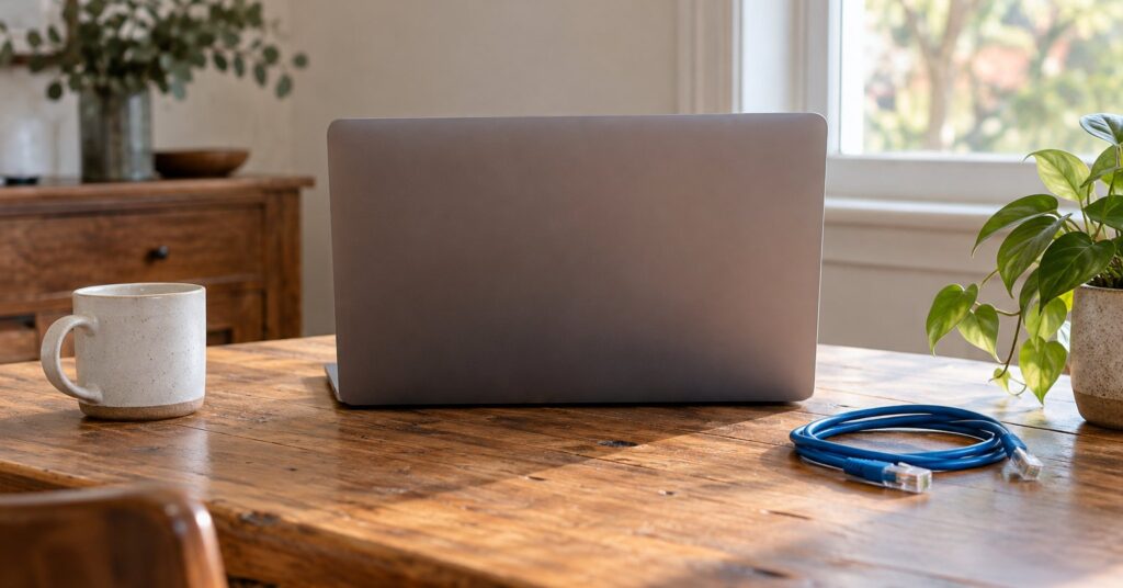 A laptop on a desk beside a coiled network cable and a mug, with the screen turned away.