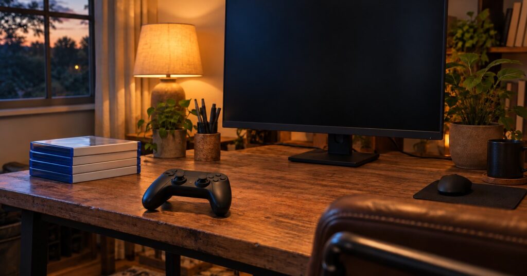 A game controller and plain game cases beside a desktop computer with a dark screen.