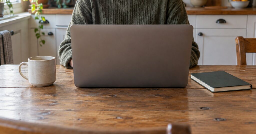 A person at a kitchen table with a laptop turned away, a notebook, and a mug.