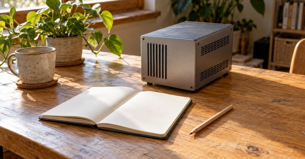 A blank pocket notebook and pencil beside a small home server on a sunlit desk.
