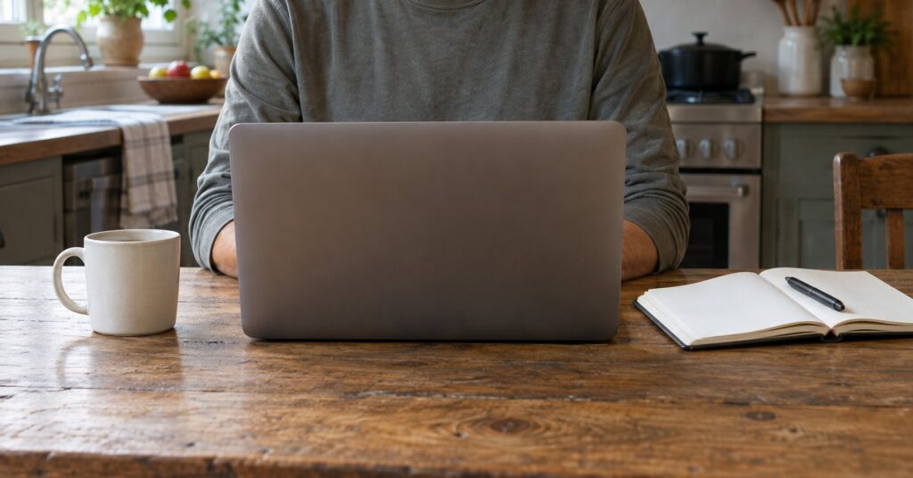 A person at a kitchen table with a laptop turned away, a notebook, and a mug.