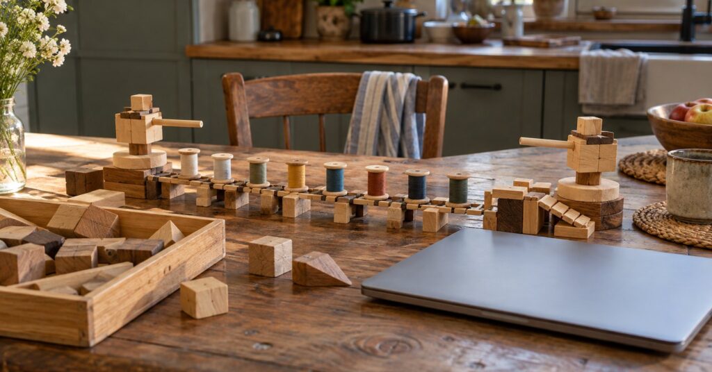 Wooden blocks and small toy turrets on a table beside a closed laptop.