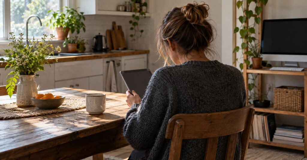 A person reading on a tablet beside a small home computer.
