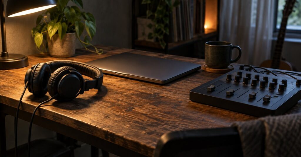 Over-ear headphones and a small audio controller beside a closed laptop.