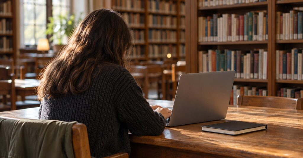 A laptop seen from the side on a library table, next to a closed notebook.
