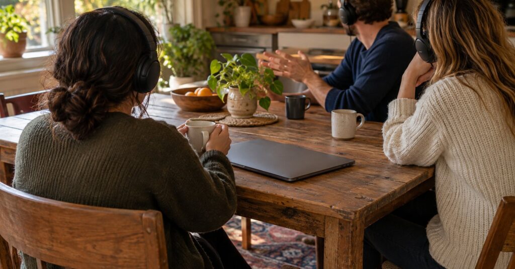 Adults at a kitchen table wearing headsets and talking together