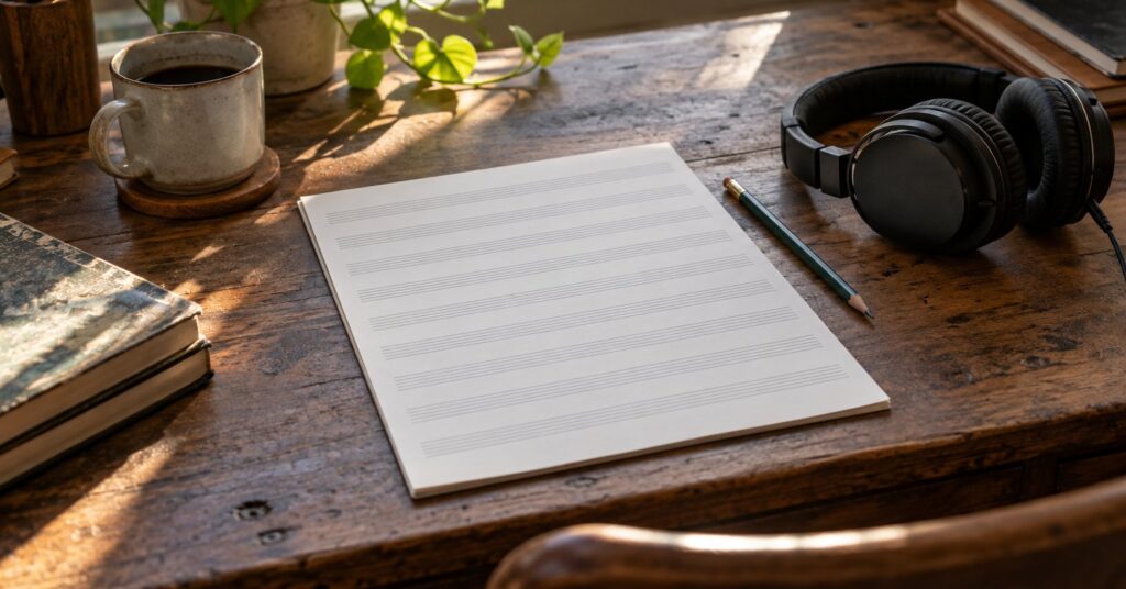 Blank music staff paper and a pencil beside headphones on a desk.