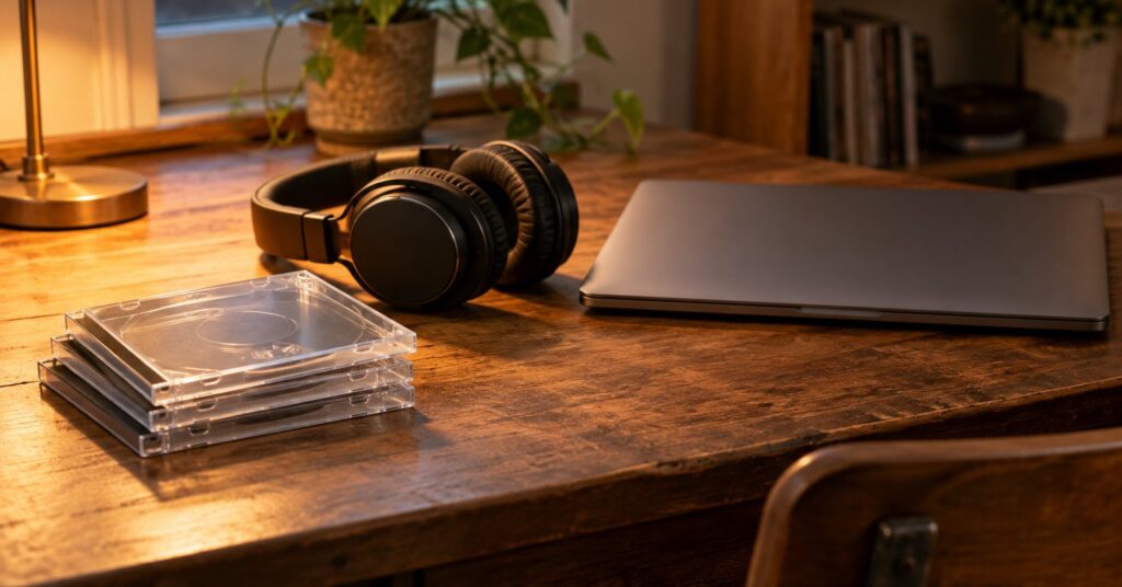 Plain CD cases and headphones beside a closed laptop on a wooden desk.