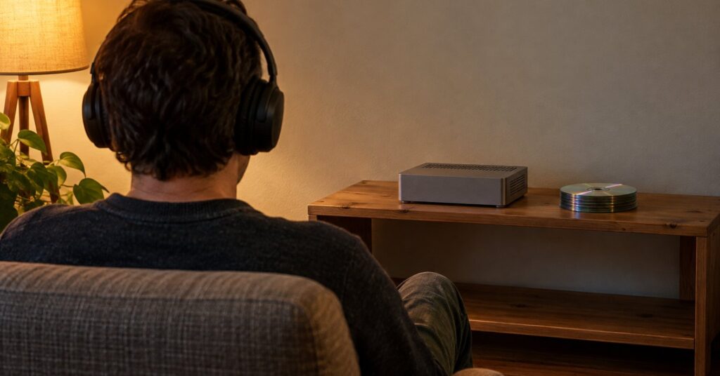 Person with headphones beside a home computer and a stack of CDs.