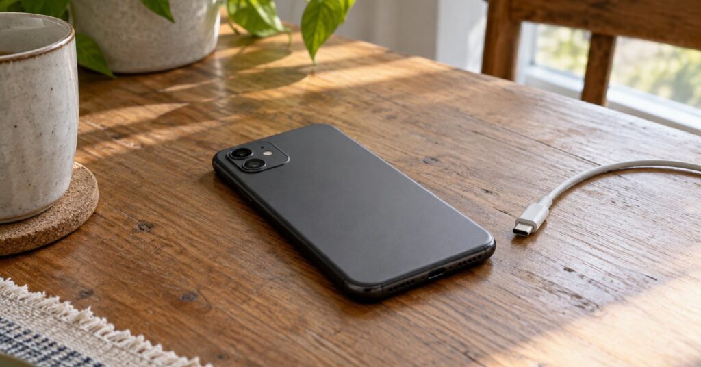 A smartphone face down on a wooden table beside an unplugged charging cable.