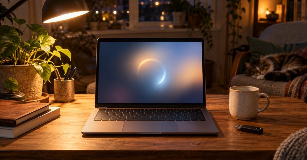 A laptop on a home desk at night beside a mug and a USB stick, a cat asleep in the background
