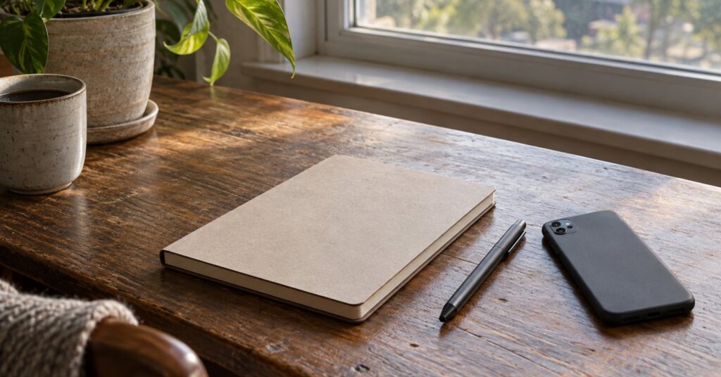 A closed notebook, a pen, and a face-down phone on a wooden desk.