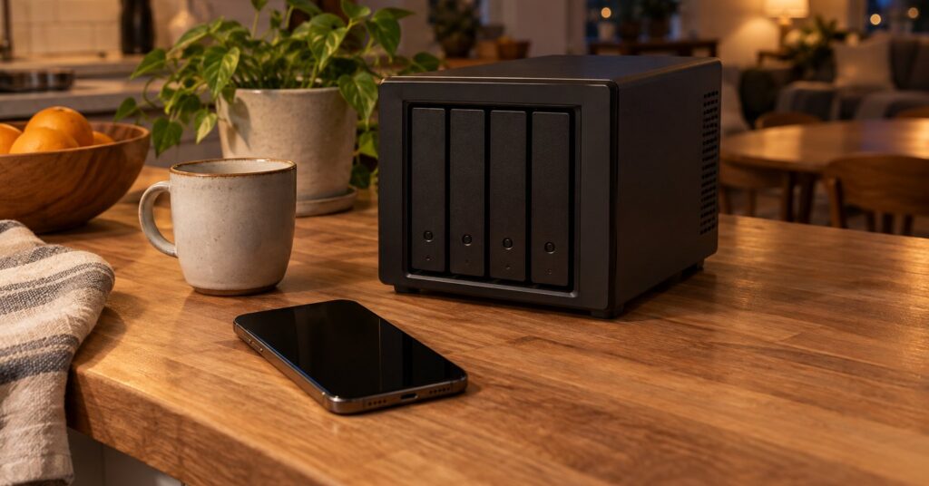 A phone on a kitchen counter beside a small home server in evening light.