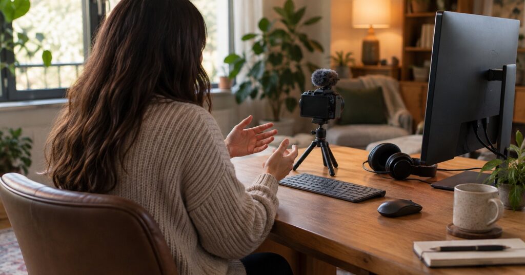 A person speaks toward a small camera on a tripod, with headphones on the desk.