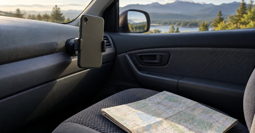 A face-down phone in a dashboard mount beside a folded paper map on a car seat.