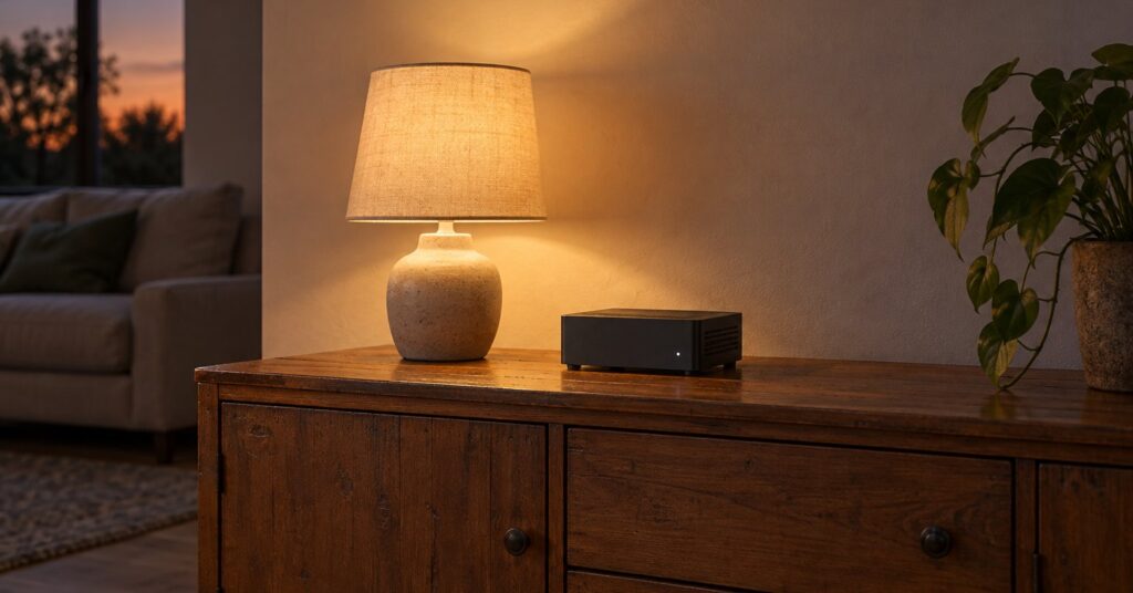 A small home computer beside a lit table lamp in a living room