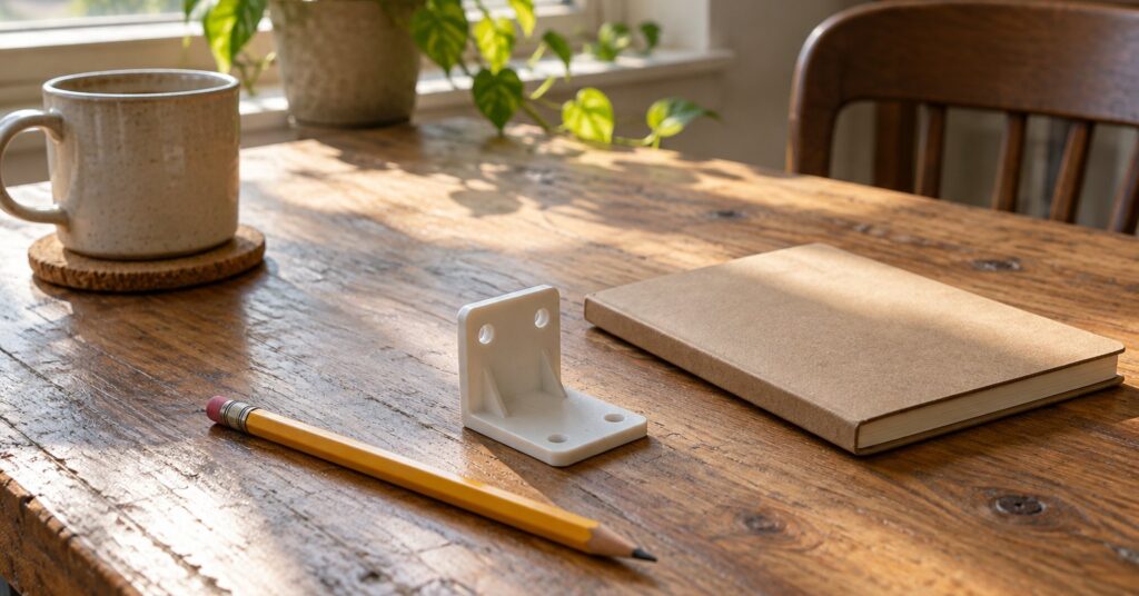 A plain plastic bracket and a pencil on a wooden desk next to a closed notebook.