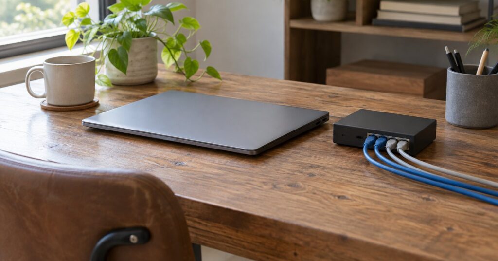 Closed laptop beside a small network switch and ethernet cables on a desk.